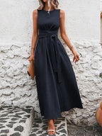 Sleeveless Wrap‑Tie Waist Maxi Dress