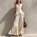 Mustard Linen-Blend Peplum Top & Ruffled Wide-Leg Pants Set