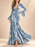 Floral Print V-Neck Bell Sleeve Maxi Dress