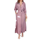 Women Collared Waist‑Tab Shirt Maxi Dress