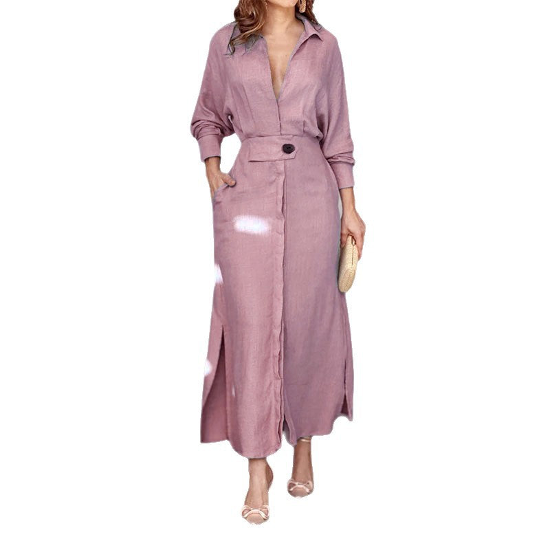 Women Collared Waist‑Tab Shirt Maxi Dress