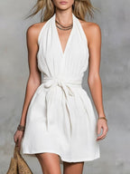 Halter Neck V-Neck Waist Tie Casual Holiday Women'S Dress