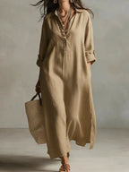 Lazy Style Solid Color Lapel Casual Long-Sleeved Shirt Dress