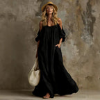 Cold Shoulder Puff Sleeve Pocketed Flowy White Maxi Caftan Dress