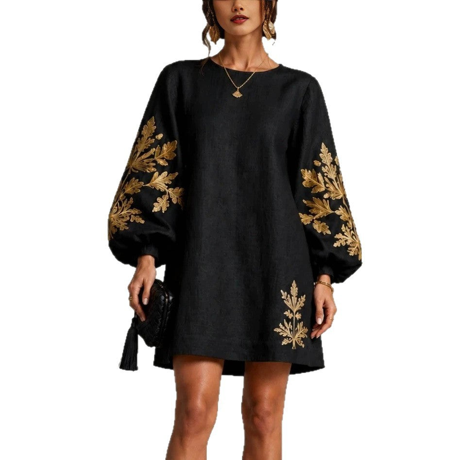 Black Linen Shift Mini Dress with Gold Leaf Embroidery Balloon Long Sleeves