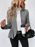 Herringbone Peplum Button‑Front Collared Jacket