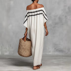 Stripe Off Shoulder Batwing Linen Maxi Kaftan Dress