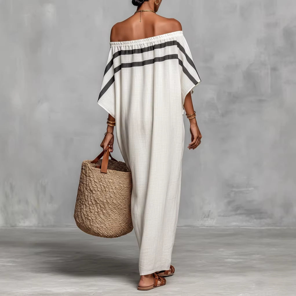 Stripe Off Shoulder Batwing Linen Maxi Kaftan Dress