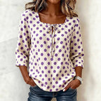 Cream Base Polka Dot Square Neck Tie Front 3/4 Sleeve Blouse