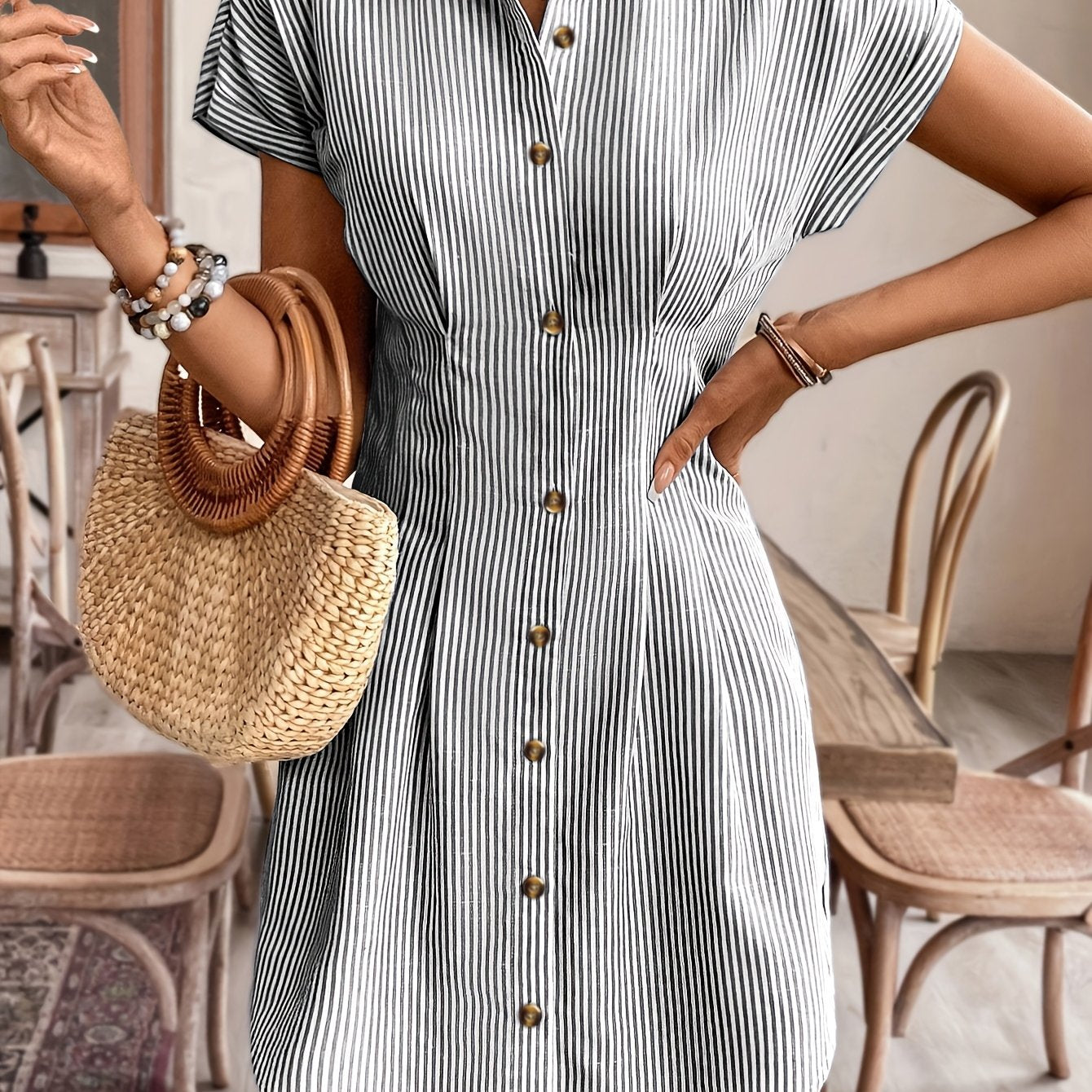 Blue Striped Button-Down Shirt Dress
