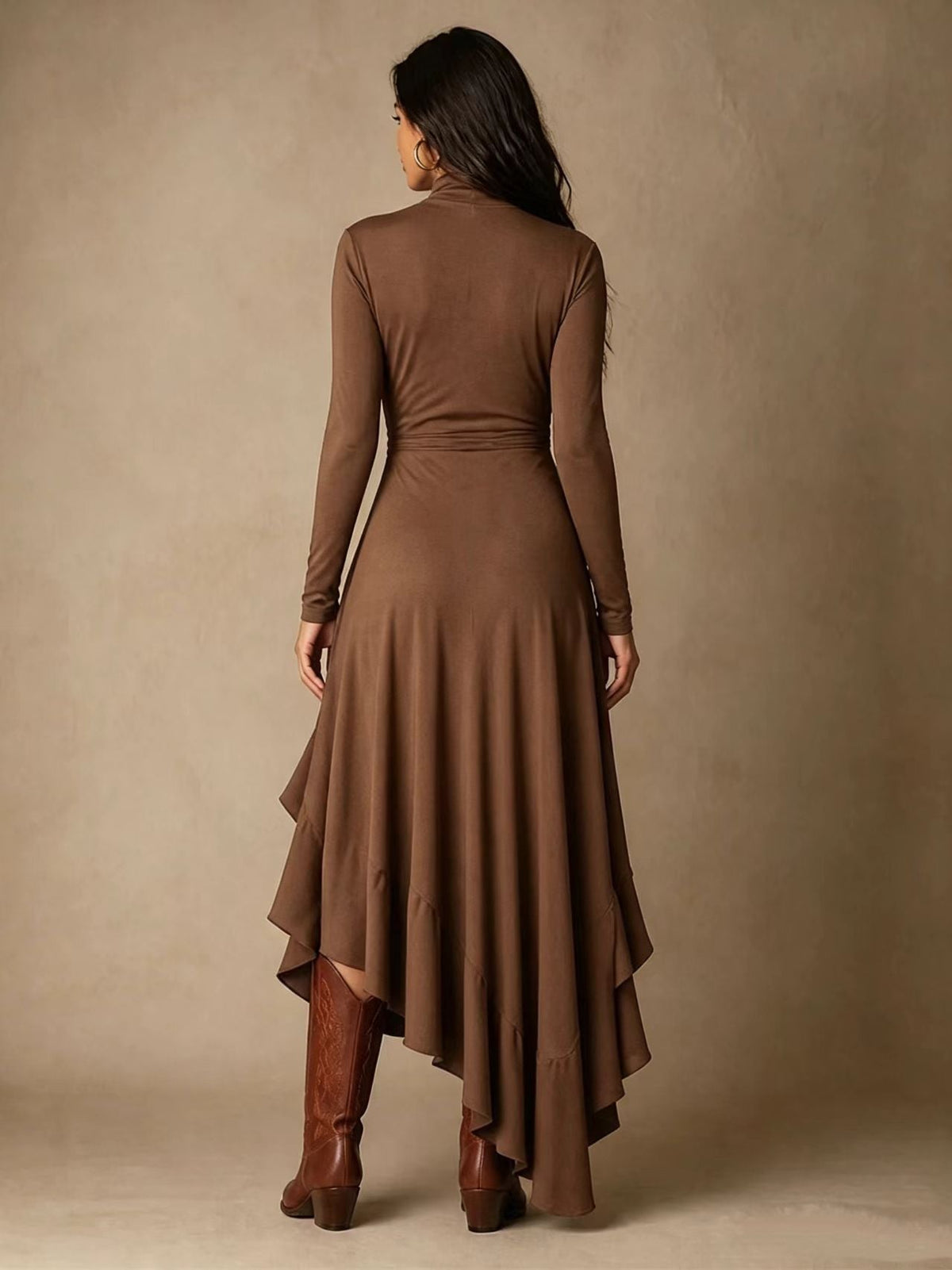 Mock Neck Wrap Dress with Asymmetric Ruffle Hem