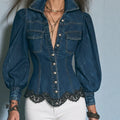 Puff Sleeve Lace Trim Fitted Denim Shirt