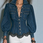 Puff Sleeve Lace Trim Fitted Denim Shirt