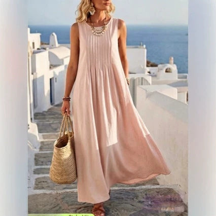 Pleated Pocket Linen Blend Vacation Maxi Dress