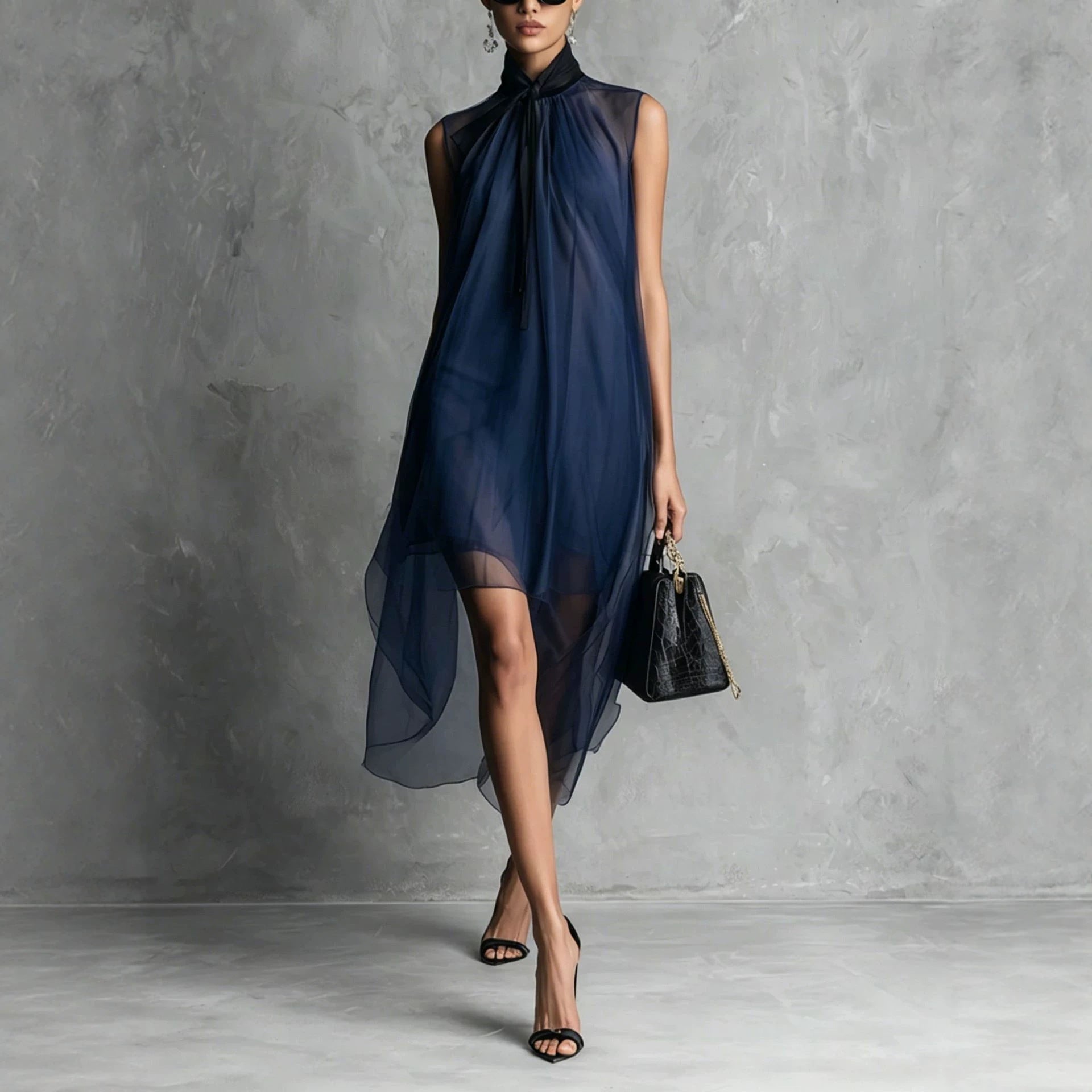 Sheer Mesh Sleeveless Tie Neck Asymmetrical Midi Dress