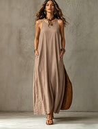 Textured Sleeveless Round Neck Pocketed Maxi Tent Dress
