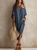 Slanted Shoulder Cotton And Linen Dress Women'S Loose Bat Sleeves Mid-Length Slit Holiday Dress