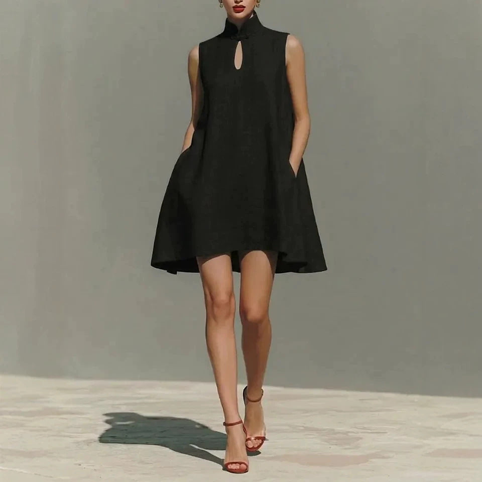 Modern Qipao-Inspired Linen Shift Dress