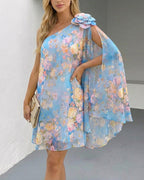 Women's Bright Yellow One Shoulder Chiffon Mini Dress with Floral Applique and Cape Sleeve