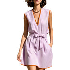 Contrast Piping V-Neck Self Tie Belt Sleeveless Mini Dress