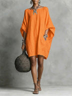 Women's Solid-color round-neck 3/4-sleeve Casual Loose Cotton-linen Dress