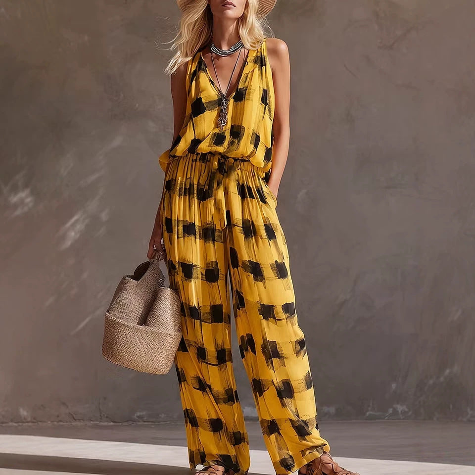 Women'S Abstract‑Print Sleeveless V‑Neck Wide‑Leg Jumpsuit