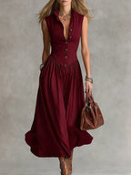 French Elegant Goddess Style Slim Fit Lapel Long Sleeveless Dress For Women