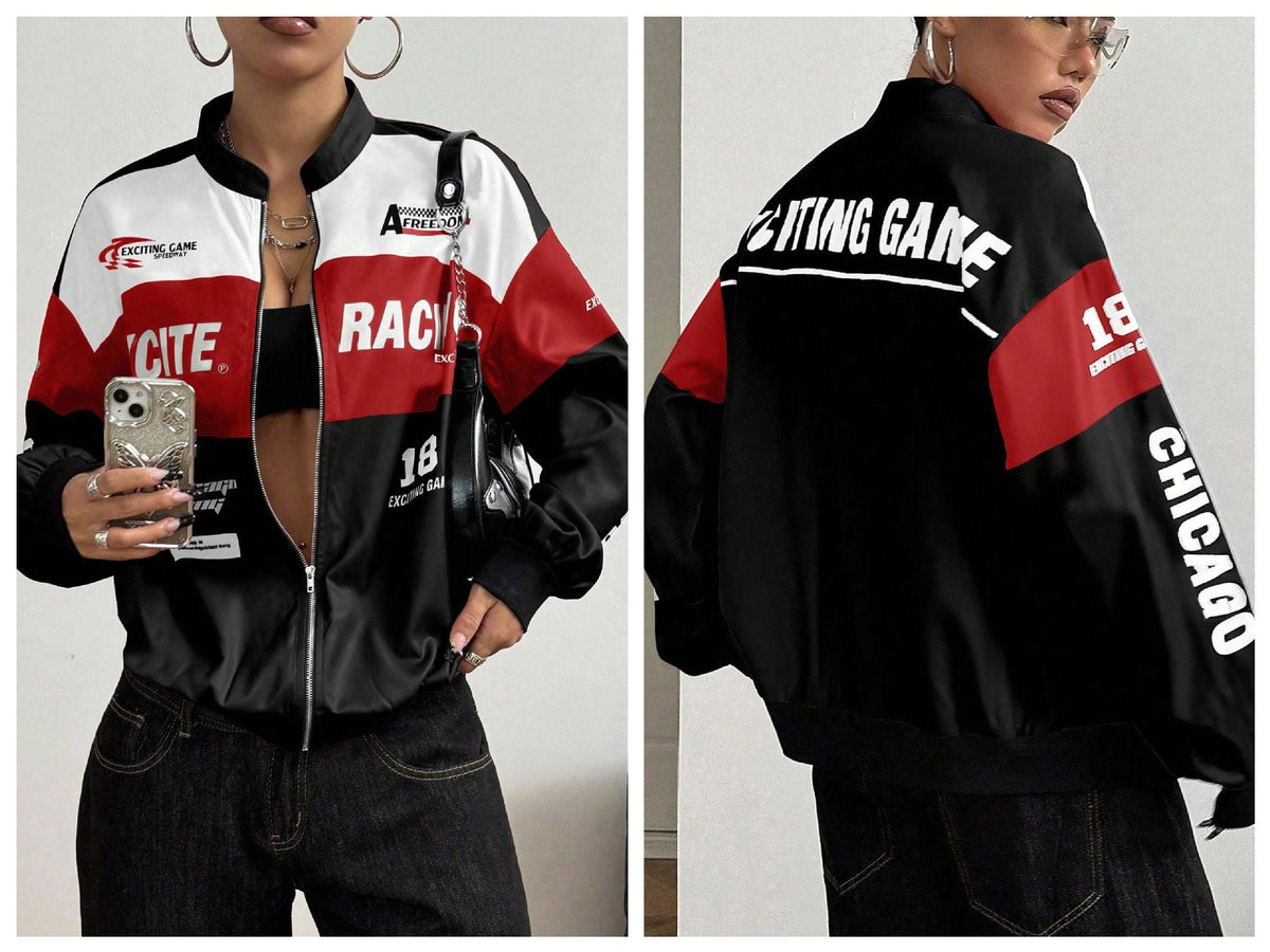 Women Color Block Racing Jacket Zip Up Letter Print Bomber Jacket Y2K Streetwear