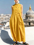 Sleeveless Stand Collar Linen Midi Maxi Dress with Side Buttons