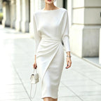 Boat-Neck Dolman Sleeve Midi Dress with Side Drape
