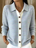 Women's Green‑White Stripe Collared Button Front Knit Cardigan