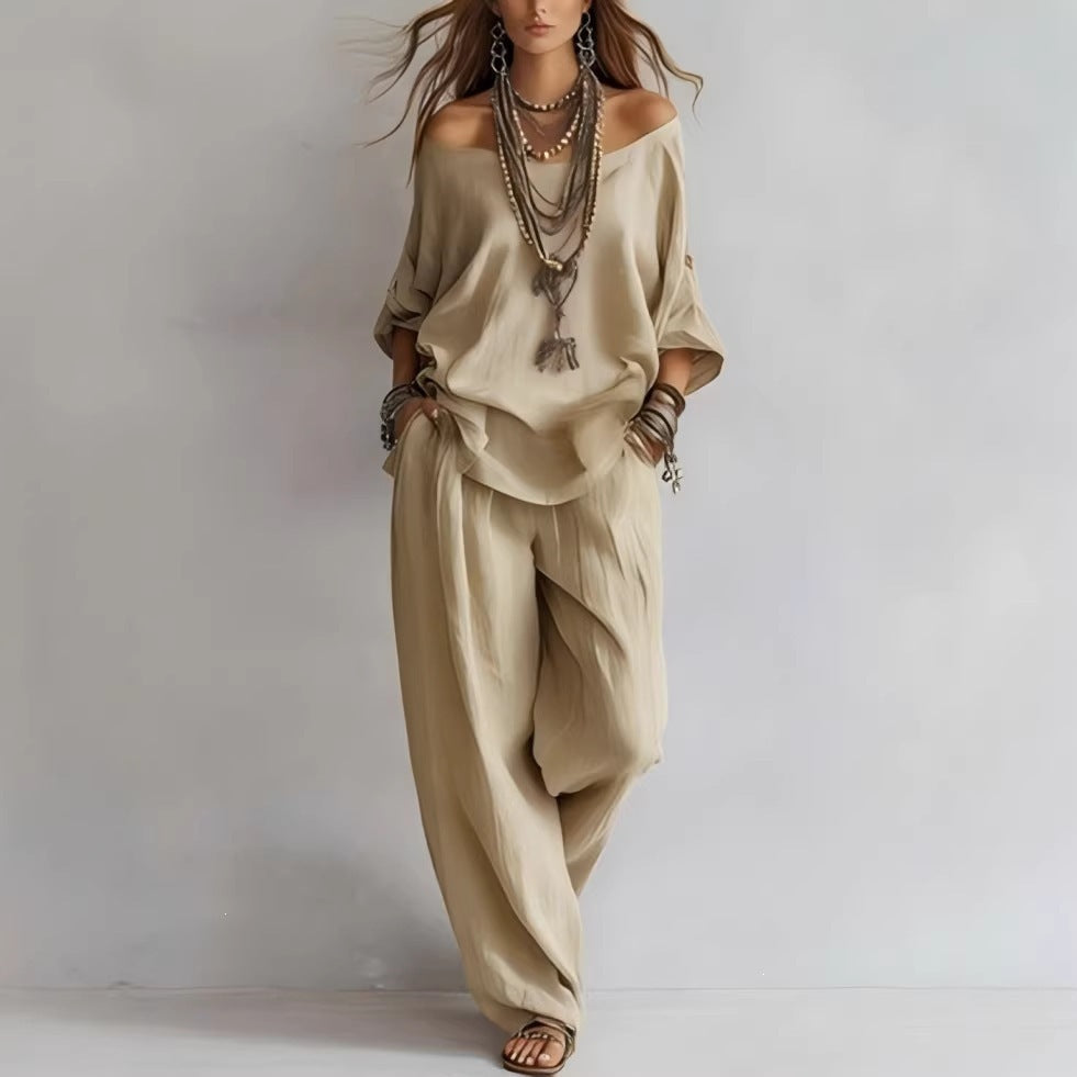 Women'S One-Shoulder Loose Top Wide-Leg Pants Cross-Border Two-Piece Set