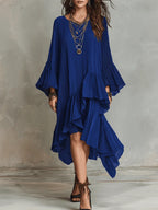 Crinkled Textured Oversized Bell Sleeve Asymmetrical Ruffle High Low Midi Dress