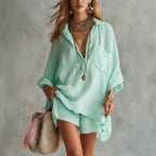 Fashion Cotton Linen Pocket Beach Shorts Shirt Suit