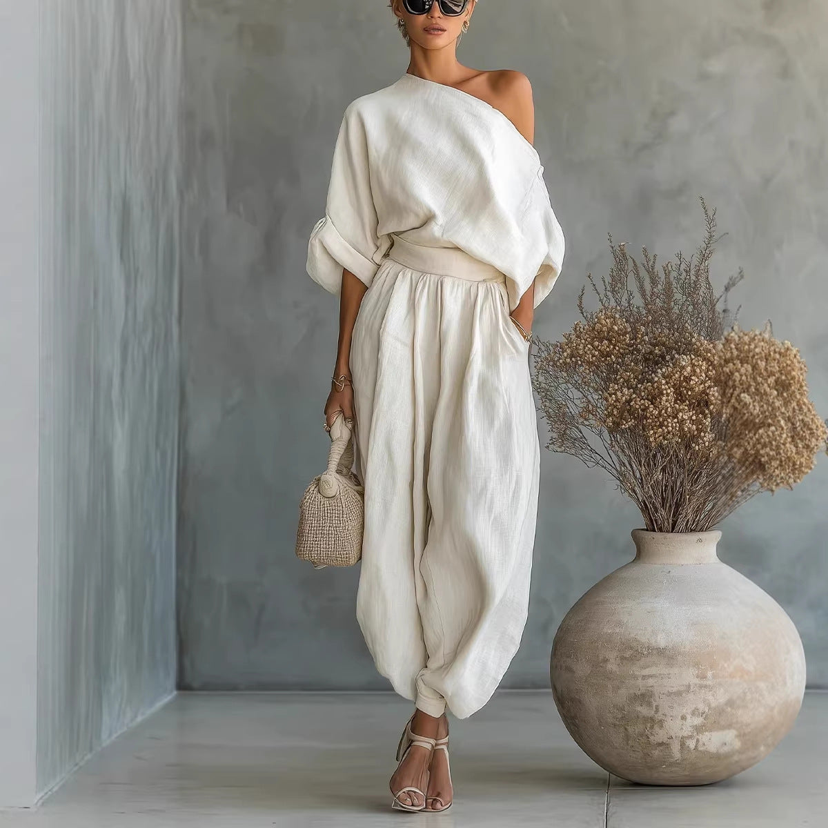 Women One Shoulder Linen Two Piece Outfit, Oversized Roll Sleeve Top