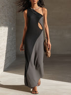 Block One Shoulder Cutout Textured Maxi Dress