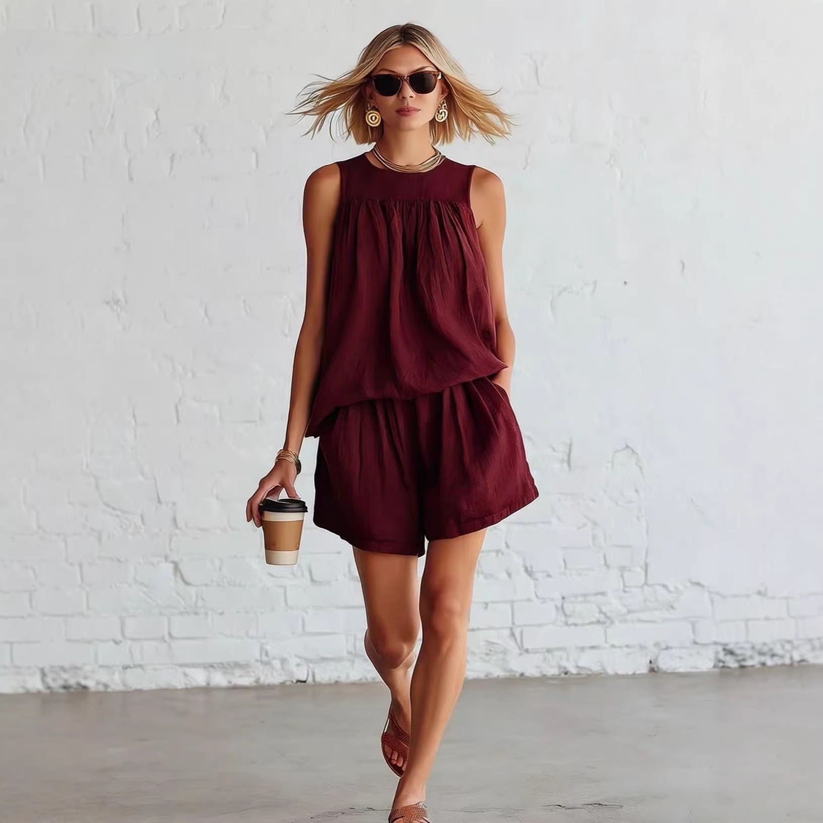 Crinkled Casual Two Piece Short Set