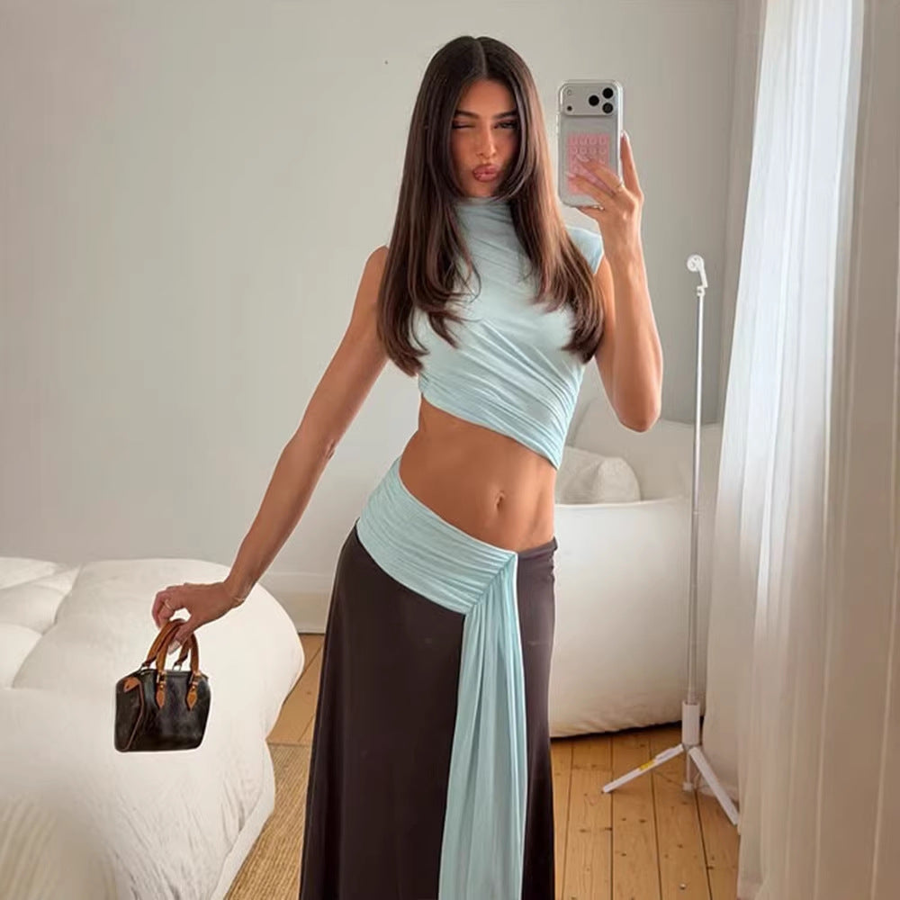 Ice Blue & Brown Ruched Two-Piece Maxi Set