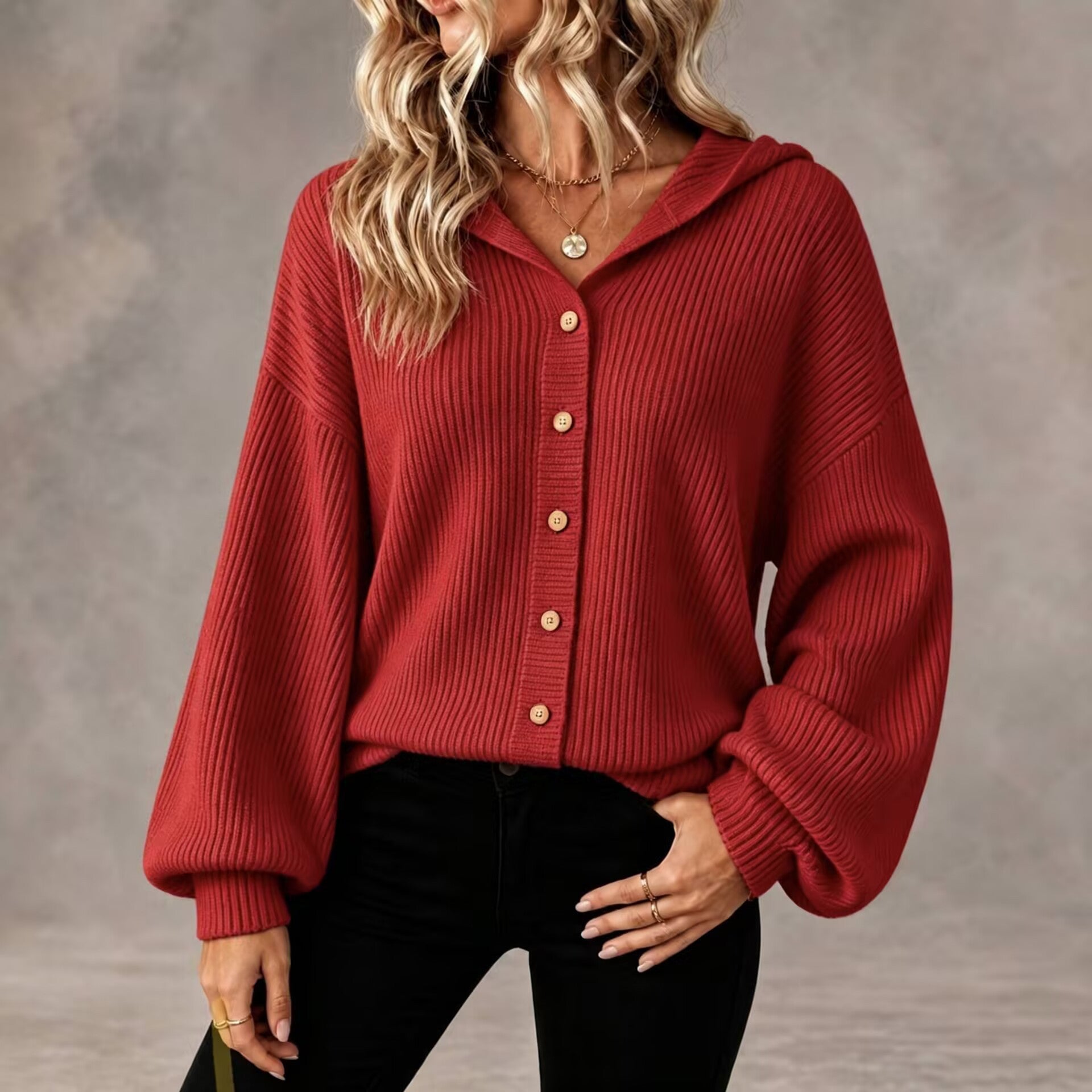 Vertical Rib Knit Hooded Button Down Balloon Sleeve Cardigan