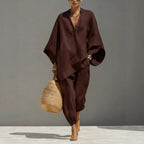 Women's Neutral Linen Set With Asymmetric Hem & Minimalist Design, Sophisticated Daily-Casual Style Set