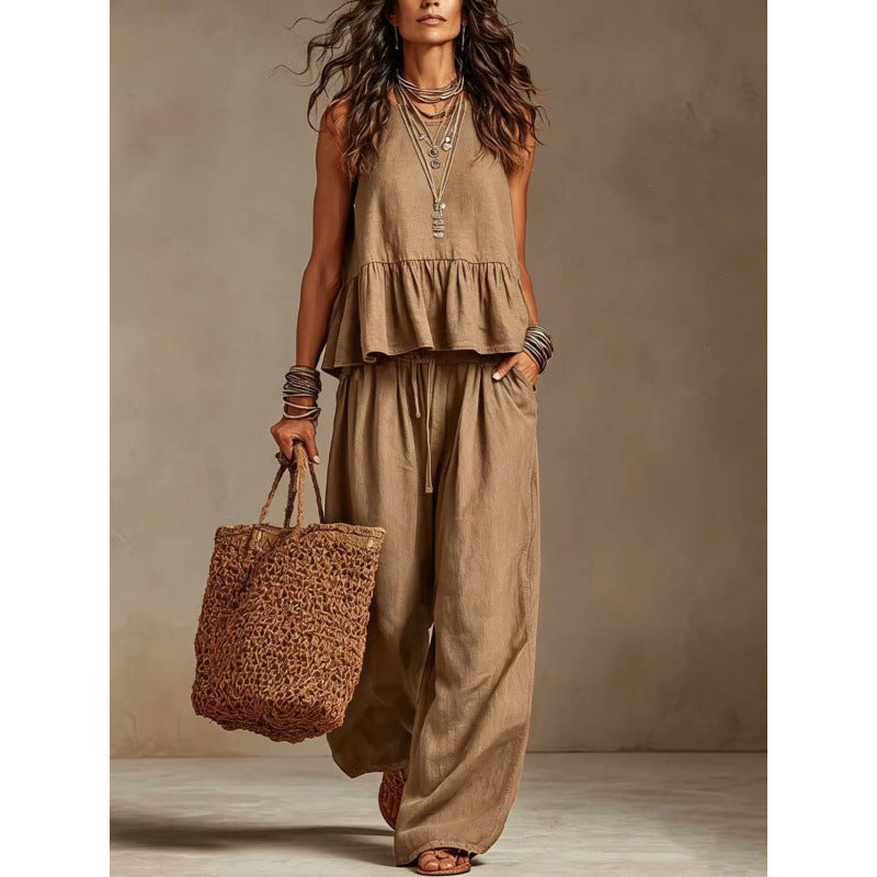Cotton linen 2 Piece Set: Sleeveless Ruffle Tank Top & Drawstring Wide Leg Pants