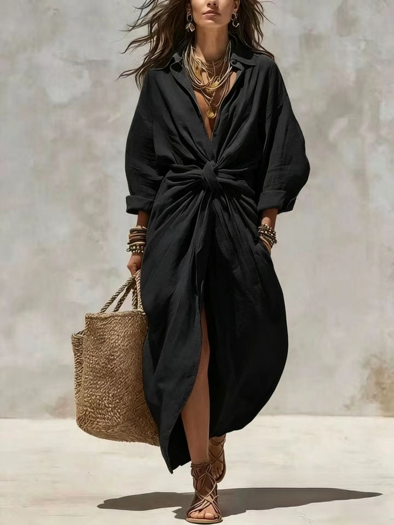 Women'S Solid Color Shirt Collar Single-Breasted Pocket Cardigan Long-Sleeved Casual Dress