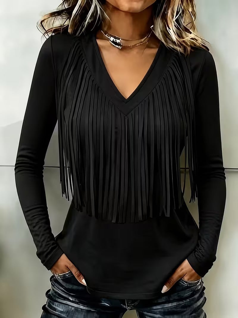 Vintage Elegant Cotton Blend Patchwork Fringed T-shirt