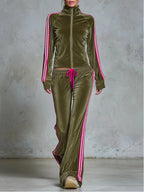 Women’s Striped Side Zip Up Velvet Tracksuit 2 Piece Outfit