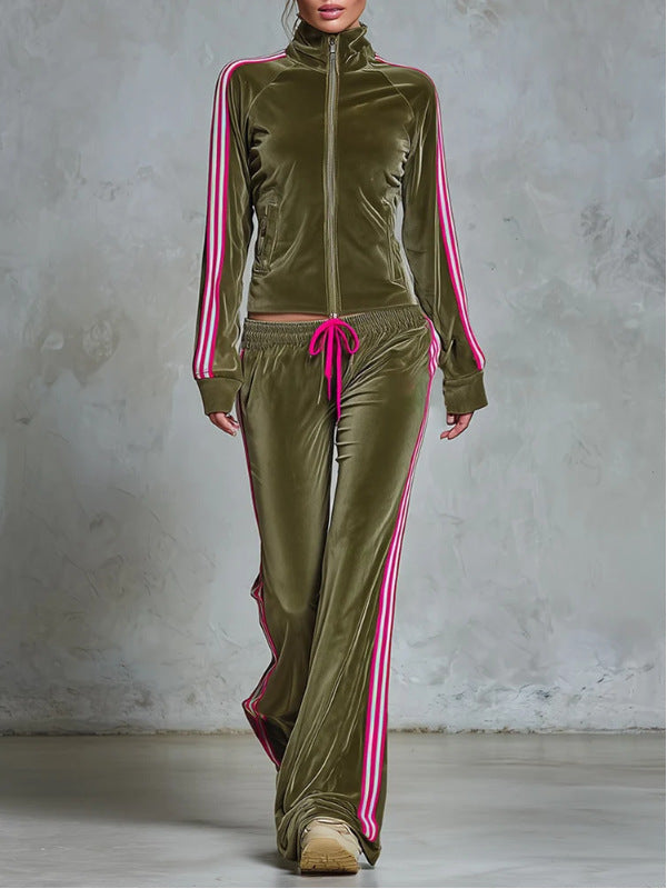 Women’s Striped Side Zip Up Velvet Tracksuit 2 Piece Outfit