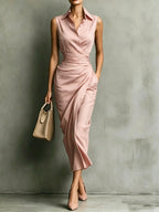 Women's Burgundy Sleeveless Wrap Shirt Midi Dress - Elegant Office & Evening Wear