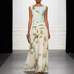 Vintage Lily Floral Color Block Maxi Gown