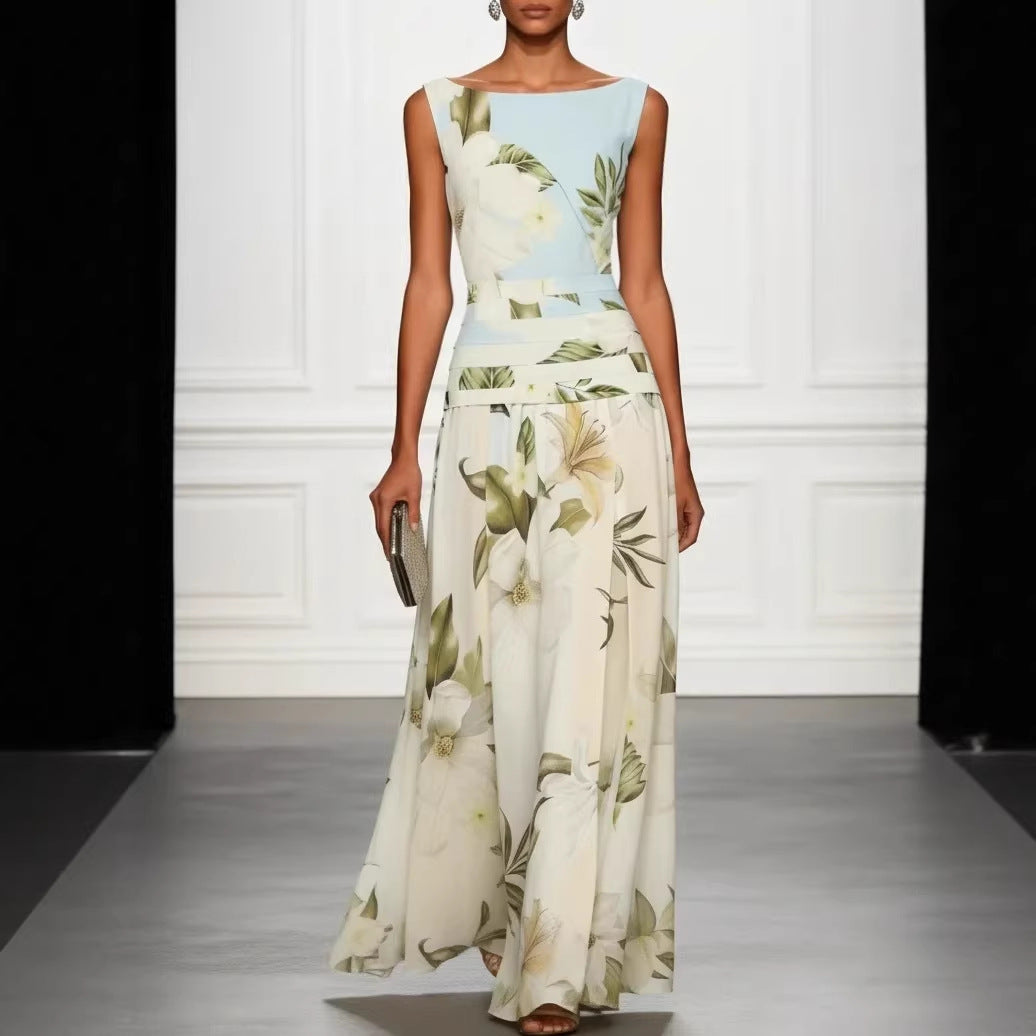 Vintage Lily Floral Color Block Maxi Gown