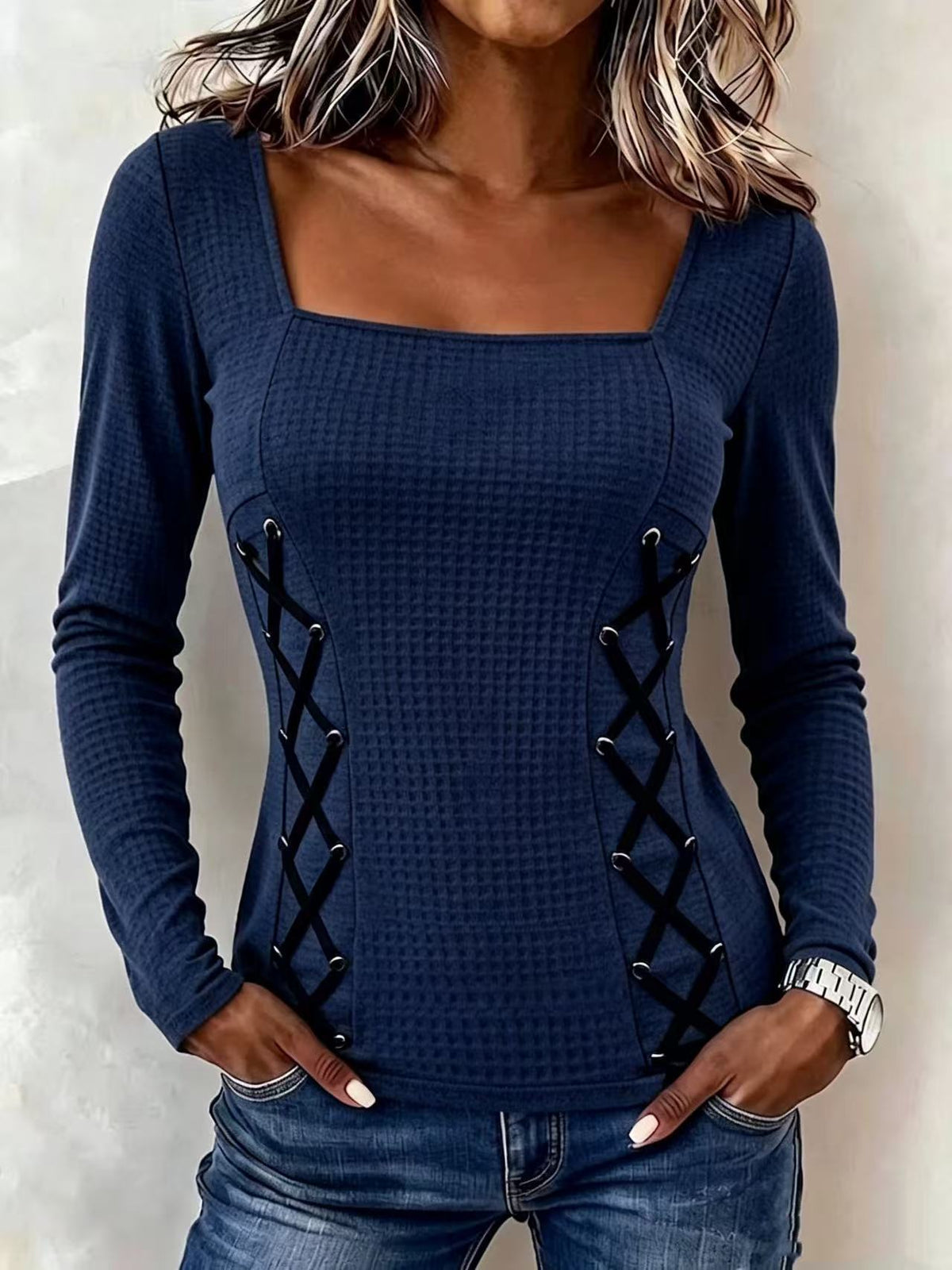 Women's Square Neck Waffle Knit Long Sleeve Top With Side Lace Up Detail