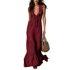 Loose Casual Deep V Ruffled Sleeveless Long Skirt Dress